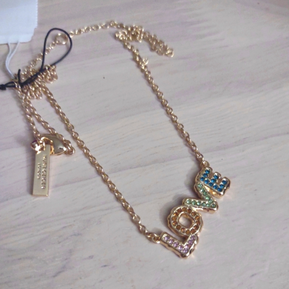 Kurt Geiger Love Rainbow Colorful Crystal Gold Necklace Bling y2k